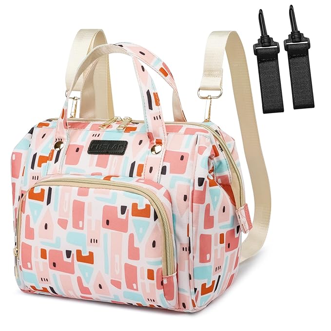 Pink Small Diaper Bag Backpack Diaper Tote Bag Printed, Waterproof Multi-Function Mini Tote Maternity Bags Travel Backpacks with Insulated Pockets, Pink