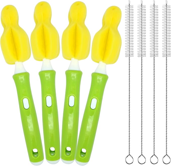 INVODA Nipple Brush 4PCS Sponge Bottle Brushes with 4 PCS Straw Brush Baby Bottle Nipple Cleaner Brush Long Handle Detachable Nipple Brushes (Yellow)