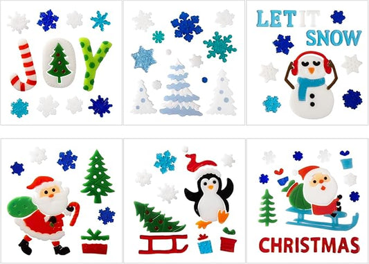 Christmas Window Clings Gel - 6 Sheets of Snowman, Blue Snowflakes, Penguin and Santa Claus, Winter & Holiday Designs for Glass Windows