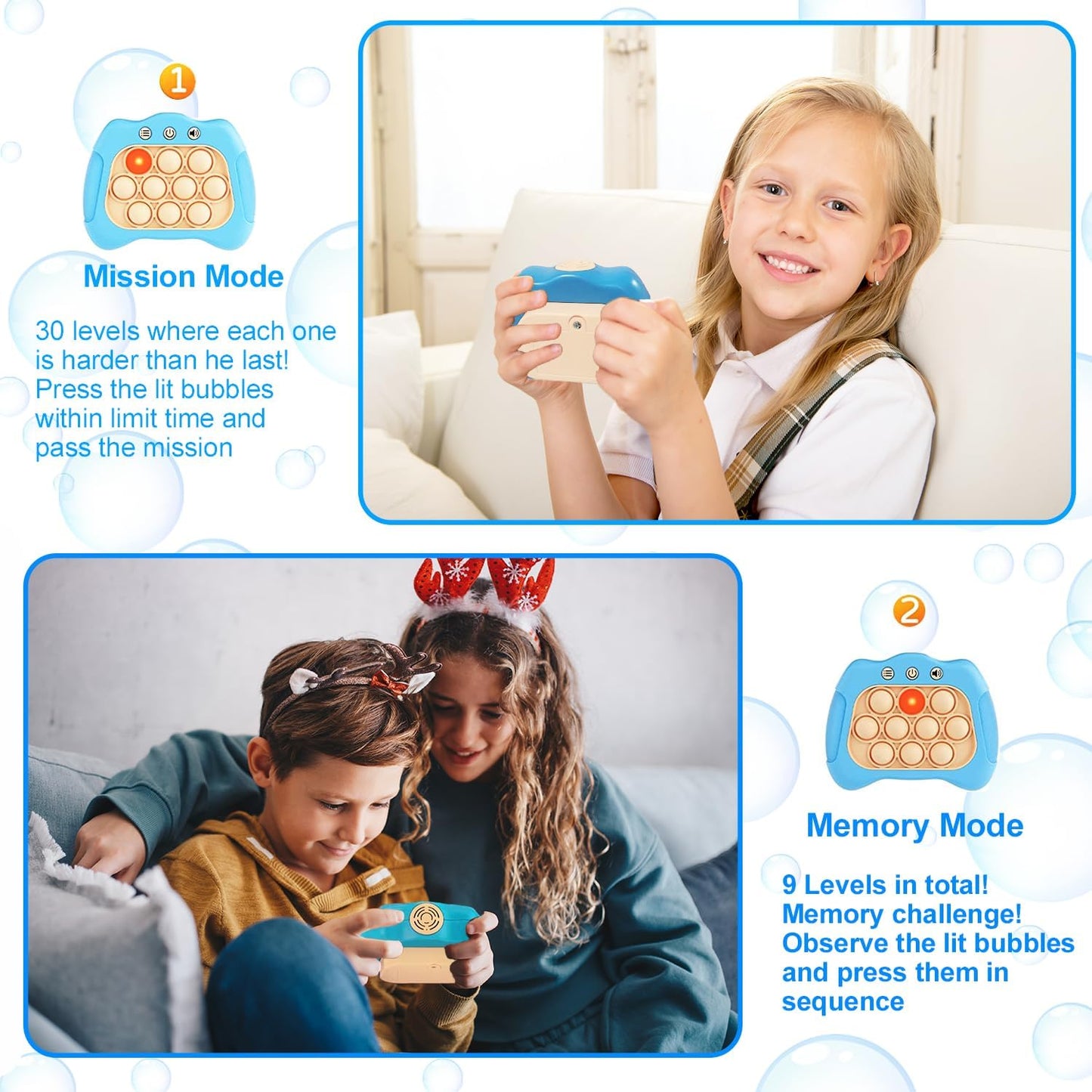 Quick Push Puzzle Game Machine Pop Fidget Light-Up Squeeze Poppet Sensory Toy Educational Push Pop Bubble Toy Stress Relief Party Favors Puzzle Game for Kids Teens Adults (Baby Blue)