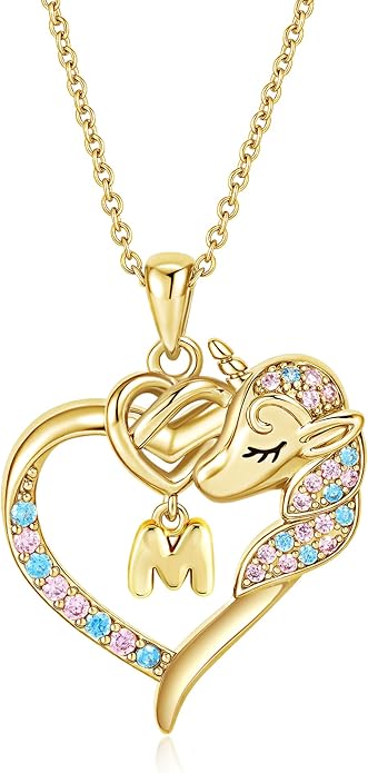 Unicorn Necklaces for Teen Girls Kids - Colorful CZ 18K Gold Plated Heart Initial Necklaces for Women Gold Jewelry Birthday Unicorn Gifts for Girls 6-8 Women