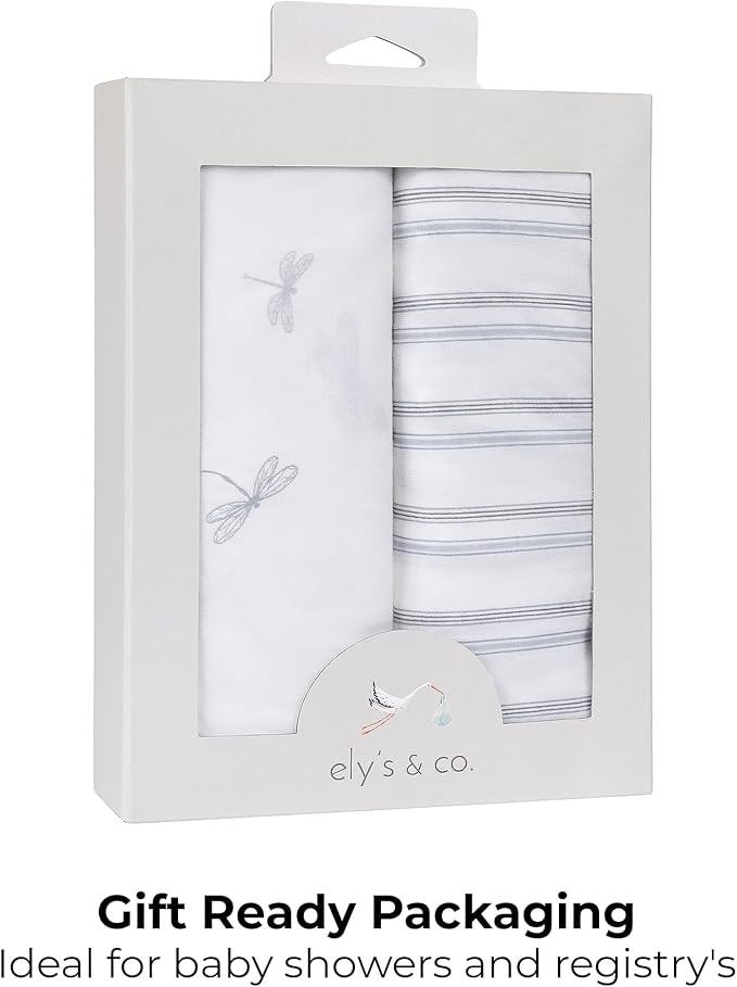 Ely's & Co. Pack and Play Sheets, for Mini/Portable Crib, 2 Pack Fitted Playpen Play Yard Sheet Set Compatible with Graco Pack n Play, for Baby Boys, 100% Cotton, 38”x24”x5” Blue Dragonfly + Stripes