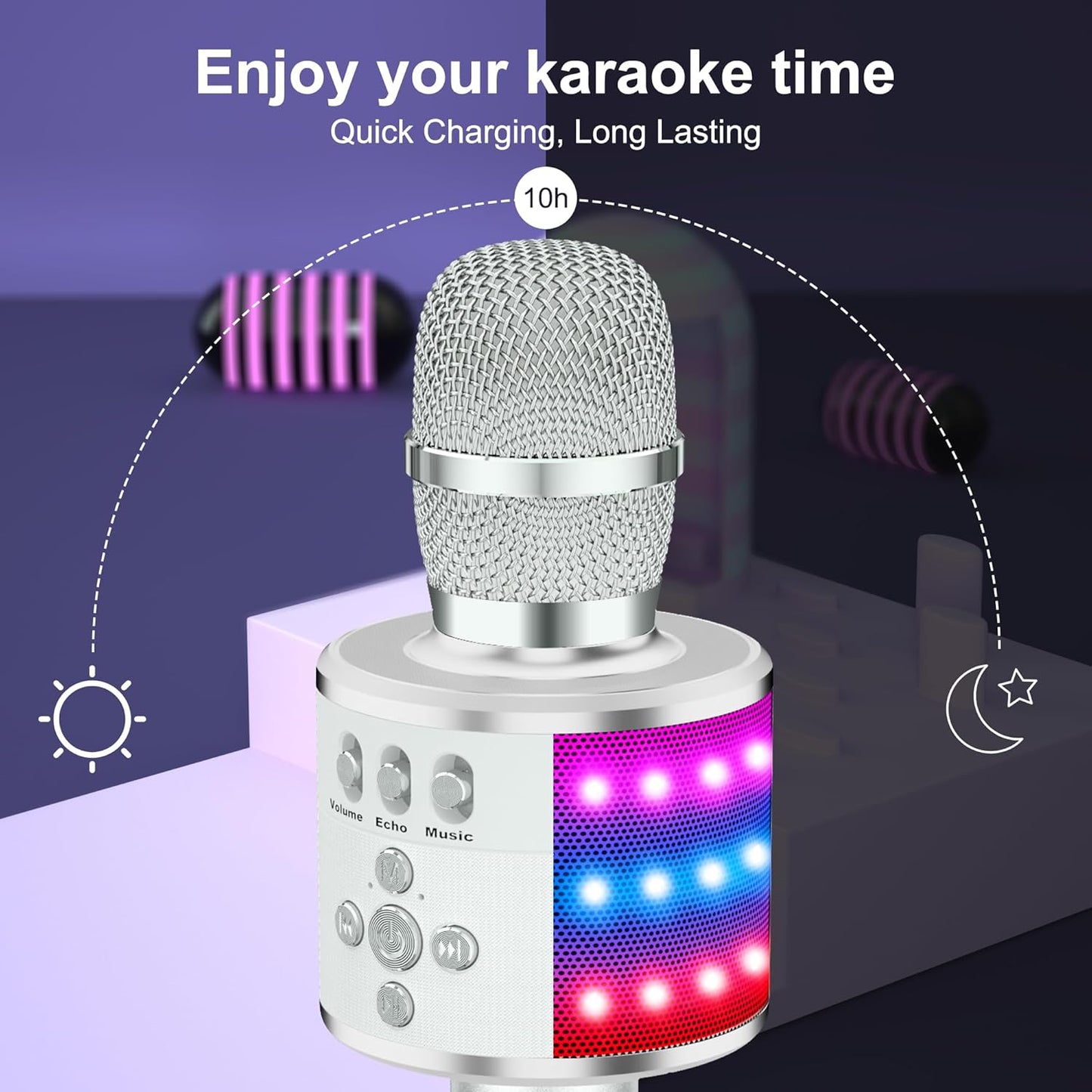 BONAOK Karaoke Microphone for Kids & Adults - Bluetooth Microphones Singing Mic with Disco Lights, Echo Effect, Built-in Speaker Portable Karaoke Player for Party Travel Gifts Q78(Silver)