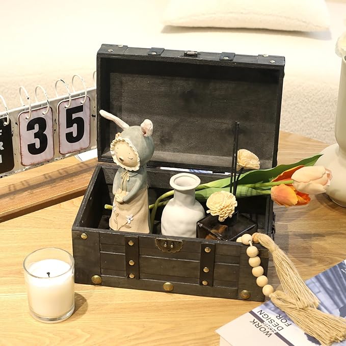 Deluxe Wooden Treasure Chest - 11" x 7.1" x 5.5", Elegant Storage Box with Sturdy Hinged Lid, Vintage-Inspired Decorative Trunk for Keepsakes, Black