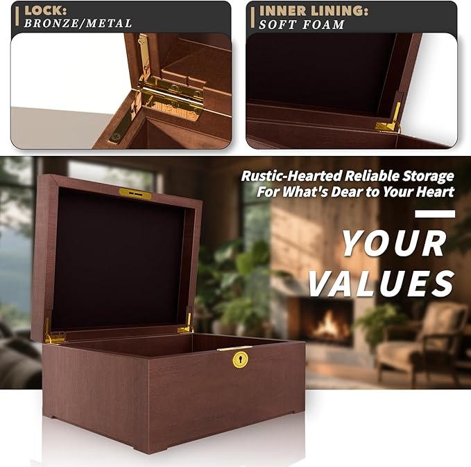 Locked Wooden keepsake box with Hinged Lid, Ash Wood Decorative Keepsake Box with Hinged Lid, Handmade Mortise & Tenon Joints, Durable Wood Box Storage for Jewelry & Valuables