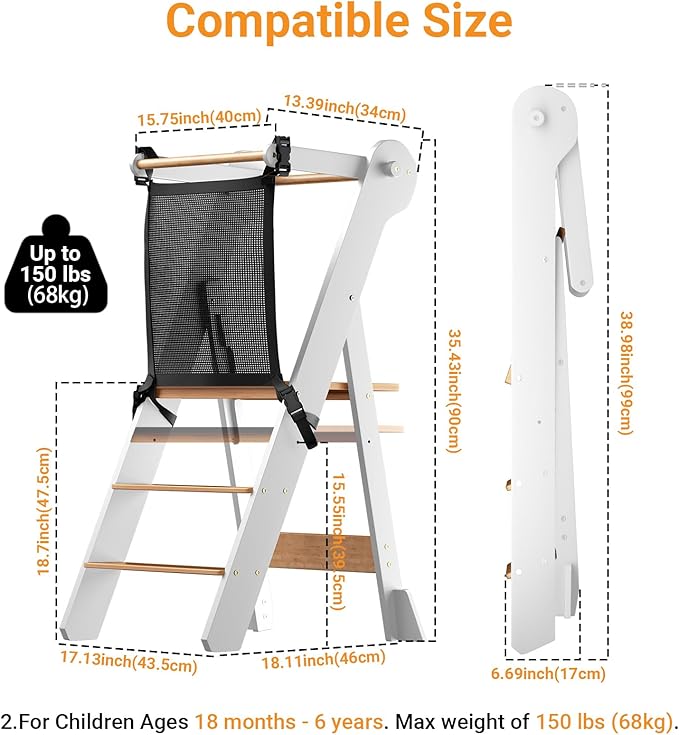 COSYLAND Foldable Toddler Standing Tower - Adjustable Height Folding Step Stool Kids Toddler Kitchen Stool Helper for Learning and Cooking - Ages 18 Months to 6 Years with Safety net Natural & White
