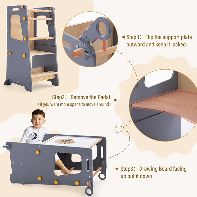 Toddler Standing Tower, Kitchen Stool Helper with Whiteboard, Adjustable Height Kids Toddler Step Stool with Anti-Slip Protection, Kids Step Stool with Safety Feet for Kitchen Bathroom