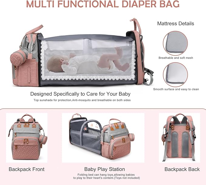 Diaper Bag Backpack, Multifunction Travel Baby Bag, Waterproof Tote Backpack with USB Port, Pacifier Case and Stroller Straps, Newborn Essentials for Moms Dads, Girls, Gray Pink
