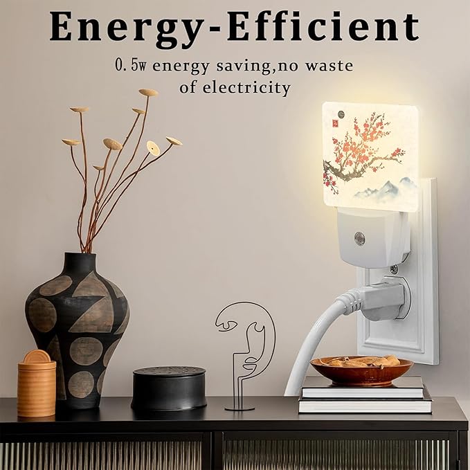 Cherry Blossom and Mountain Night Light, Watercolor Ink Painting Dusk to Dawn Night Light Plug in,0.5w Energy Saving Sleep Friendly NightLight for Kids Boys Girls Home Decor