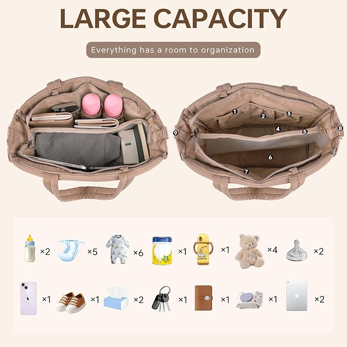 Diaper Bag Tote, Large Capacity Travel Diaper Baby Bags Crossbody Hospital Mom Bag，with Silicone Pacifier Case