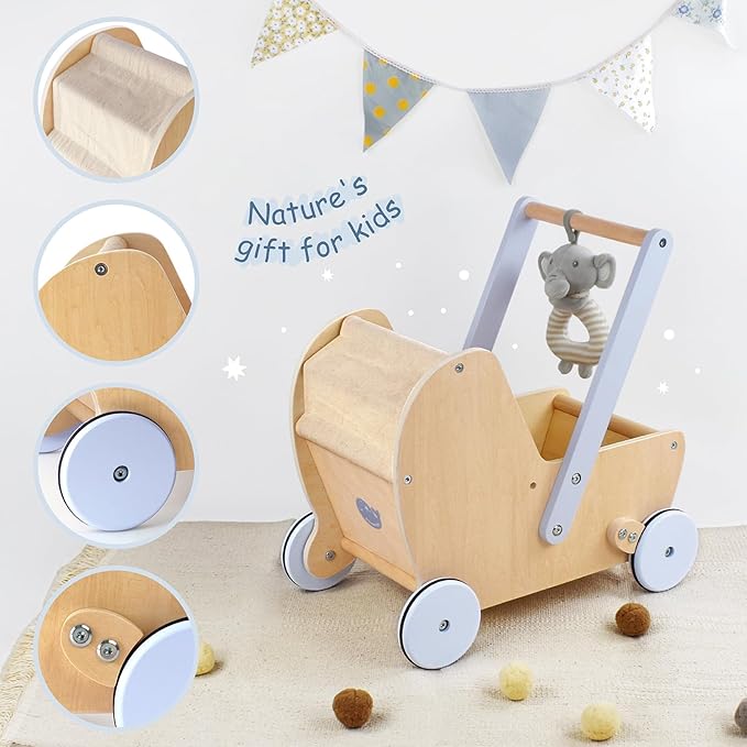 Wooden Baby Doll Pram Stroller, Baby Walker Push and Pull Doll Stroller, Wooden Toy Stroller for Toddler Boys Girls 18 Months and Up