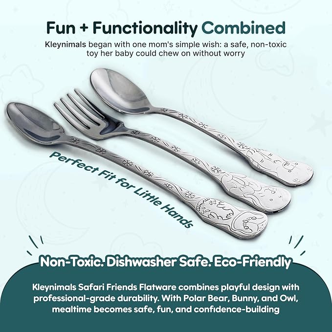 Kleynimals Arctic Friends Made in USA Baby Silverware – 100% Stainless Steel Baby Forks and Spoons, Non-Toxic, BPA-Free, Eco-Friendly, Dishwasher Safe – Safe Utensils for Babies & Toddlers
