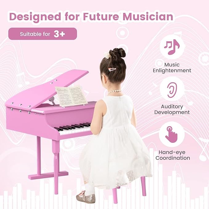 Goplus 30-Key Classical Kids Piano, Mini Grand Piano Wooden Learn-to-Play Musical Instrument Toy with Bench, Piano Lid, Music Rack, Gift for Boys Girls Aged 2+ Baby Toddler (3 Straight Leg-Pink)