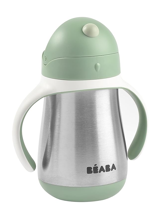 Beaba Stainless Steel Straw Sippy Cup, Insulated Toddler Cups Spill Proof with Removable Handles, Made with High Grade Stainless Steel, 8+ Months, 8 oz (250mL), (Sage)