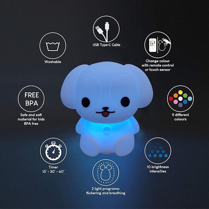 Night Lights Dog Silicone Bedside lamp for Children, Baby Nursery Light Decorative Lamps Decompression Light - Break Resistant/Eye Caring/Adjustable Brightness & Color/Time Setting - Medium