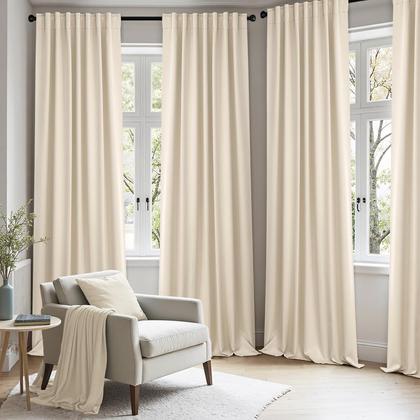 ANRODUO Back Tab Blackout Curtains for Bedroom Living Room, Rod Pocket Pinch Pleated Thermal Insulated Room Darkening Curtains 84 Inches Long 2 Panels, Cream Beige, 52 x 84 Inch