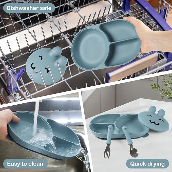 Silicone Baby Plate,Toddler plates,Self-feeding of infants after weaning, 100% Food Grade Silicone, BPA Free, Including Fork and Spoon, Baby Plates With Suction, Divided Plate for Babies(blue)