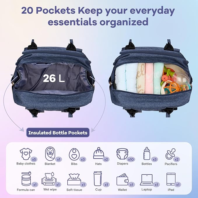RUVALINO Diaper Bag Backpack, Multifunction Travel Pack Maternity Baby Changing Bags, Large Capacity, Waterproof, Navy Blue