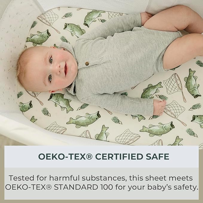 Pobibaby – 2 Pack Bassinet Sheets Boy, Bassinet Sheets Cotton for Neutral Nursery for Standard Rectangle Bassinets – Ultra-Soft Jersey Knit, Safe and Snug for Baby (Gone Fishing)