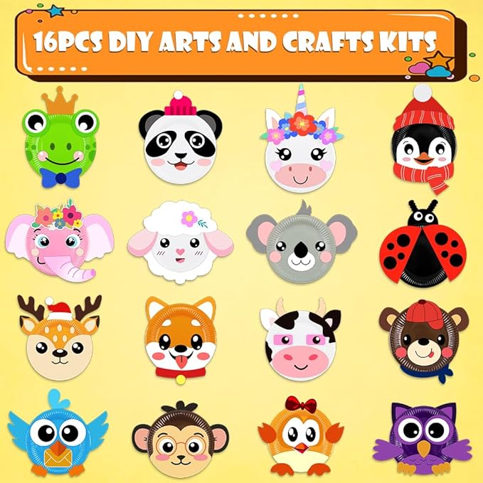 16 Pack Arts and Crafts for Kids, Toddler Crafts Animal Paper Plate Art Kit Gift for 3 4 5 6 Year Old Boys Girls DIY Kids for Birthday Party Favor Preschool Classroom Party Games