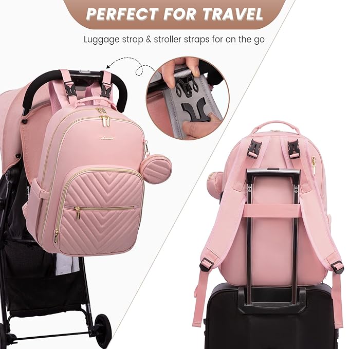 LOVEVOOK Diaper Bag Backpack, Quilted Baby Bag with Changing Pad & Pacifier Holder, Waterproof Travel Diaper Bags for Baby Boys Girls, Stylish and Large Capacity,Pink