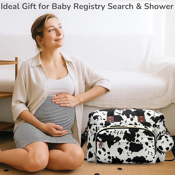 Diaper Bag Tote, Baby Bag Travel Diaper Tote Bag with Pacifier Case, Cute Maternity Hospital Baby Stylish Diaper Tote for Mom Dad Medium Size, Cow Print