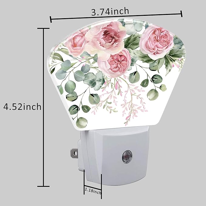 Pink Flowers Plug in Night Lights, Eucalyptus Greenery Nightlight Plug Into Wall Dusk to Dawn Sensor for Kid Girls Boys Women Men Bedroom, Hallway, Kitchen, Bathroom, Stairs Decor