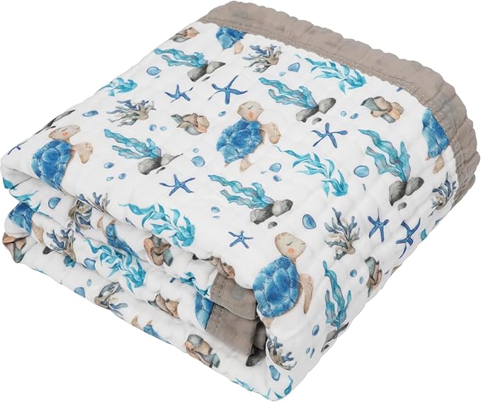 Organic Cotton Muslin Baby Blanket for Boys & Girls - Luxurious Soft Toddler Quilt for Swaddling - Gender Neutral Blanket - Baby and Toddler Gift - Sea Turtle