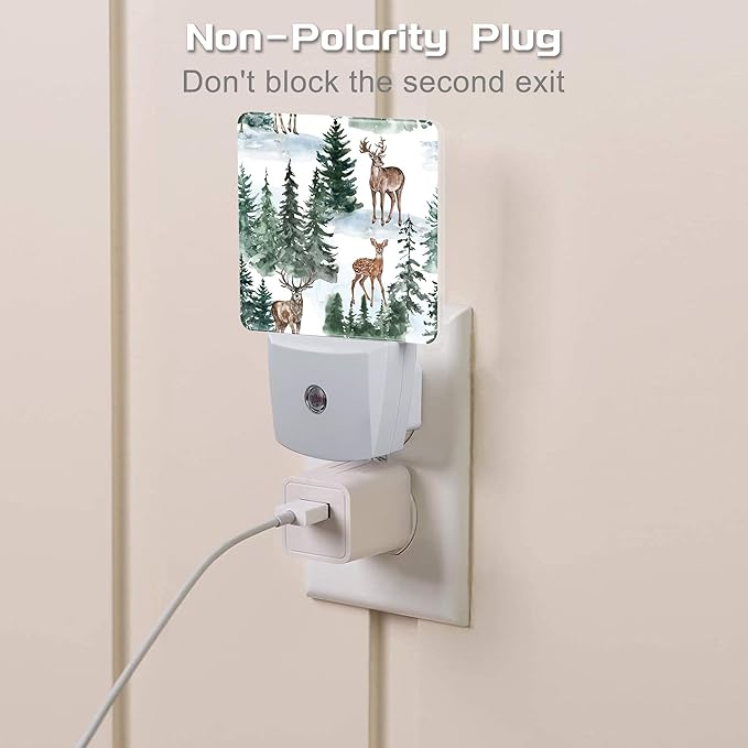 Winter Deer and Snowy Forest Night Light for Kids,Christmas Pine Trees Deer Night Light Plug in with Dusk to Dawn Sensor,0.5w Energy Saving Nightlight for Hallway Stairway Kitchen Bedroom