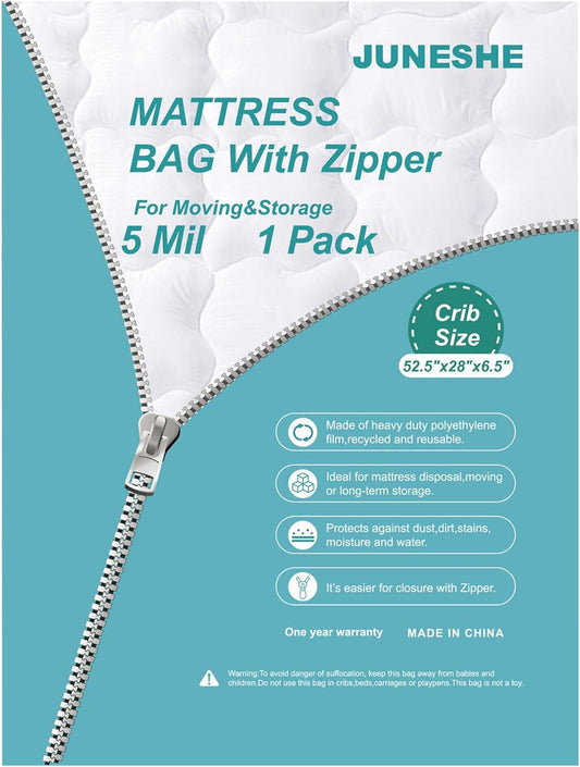 Crib Mattress Storage Bag with Zipper -5 Mil Plastic Waterproof Crib Mattress Bag for Moving and Storage