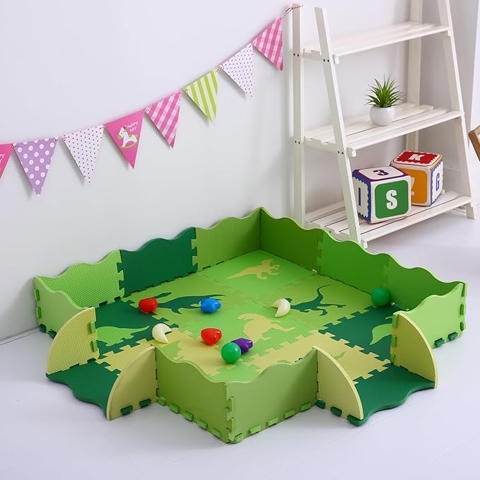 Foam Play Mat for Kids，25Pcs Square Interlocking Puzzle Floor Mat，Baby Play Mat Floor Mat Foam Puzzle Playmat for Toddlers with Fence - Green Dinosaurs