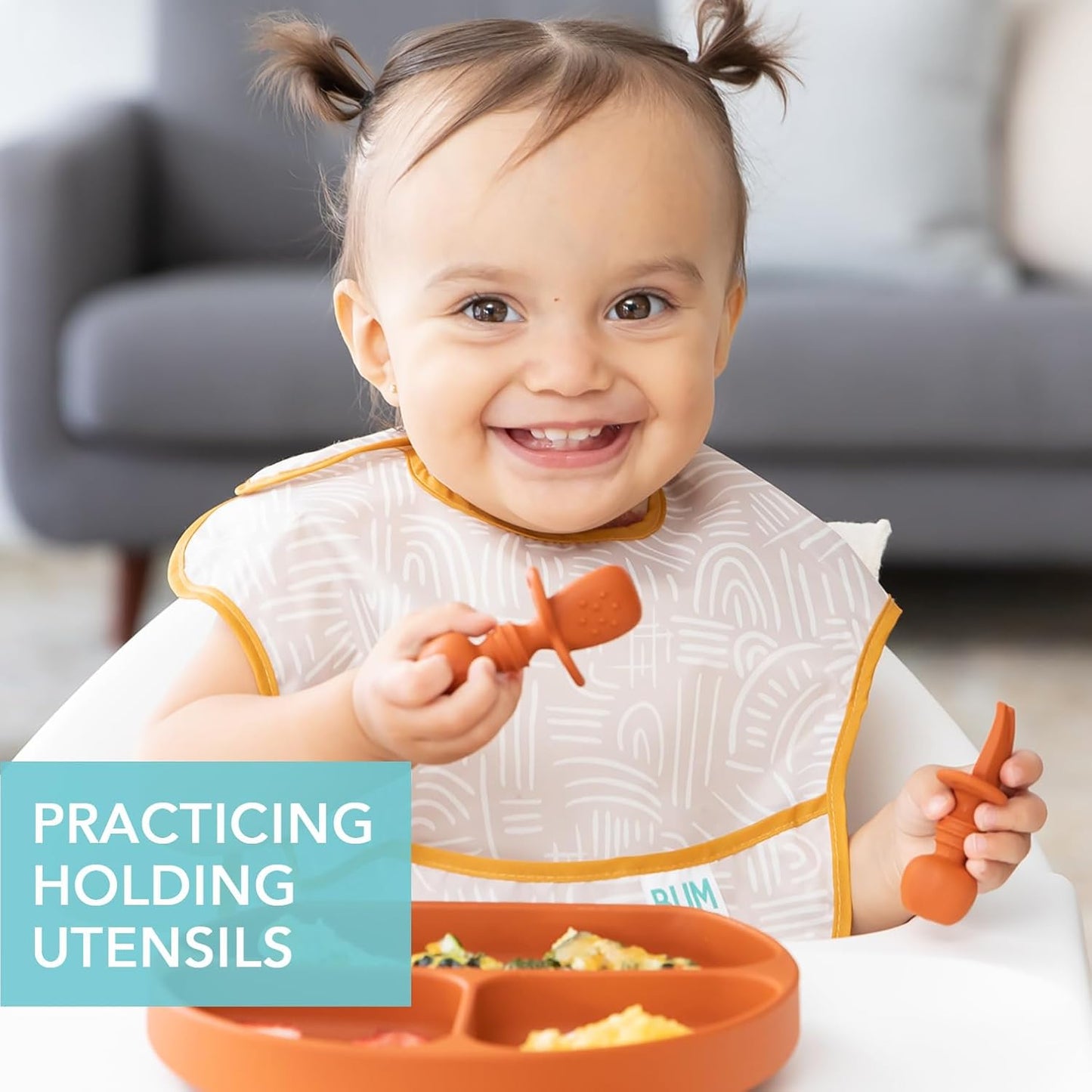 Bumkins Baby Utensils Set, Chewtensils Silicone Spoons for Dipping, Self-Feeding, Baby Led Weaning, Trainer Learning, First Stage Eating, Soft Practice Fork and Spoon, Babies 6 Months, Clay