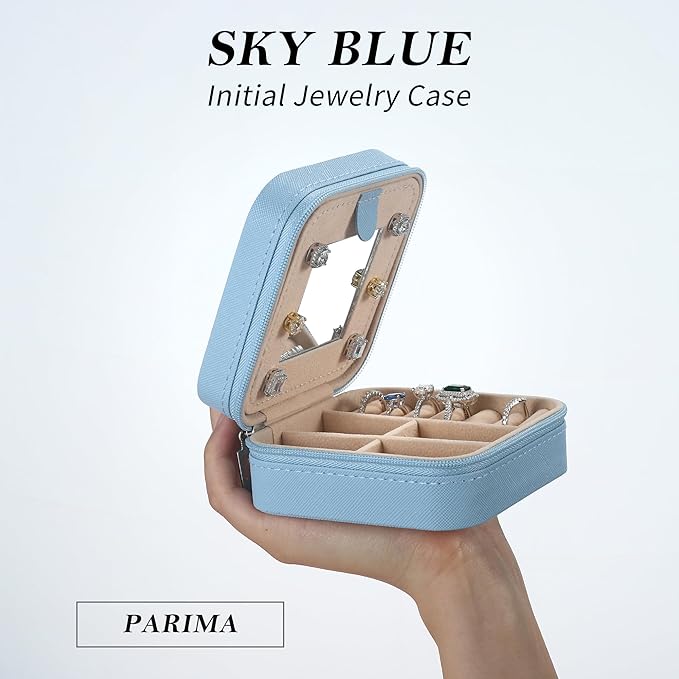 Parima Small Jewelry Box for Girls, Travel Must Have Jewelry Organizer Travel Case | Travel Gifts for Women Girls Jewelry Box | Graduation Gifts for Friends Female - Letter E, Sky Blue