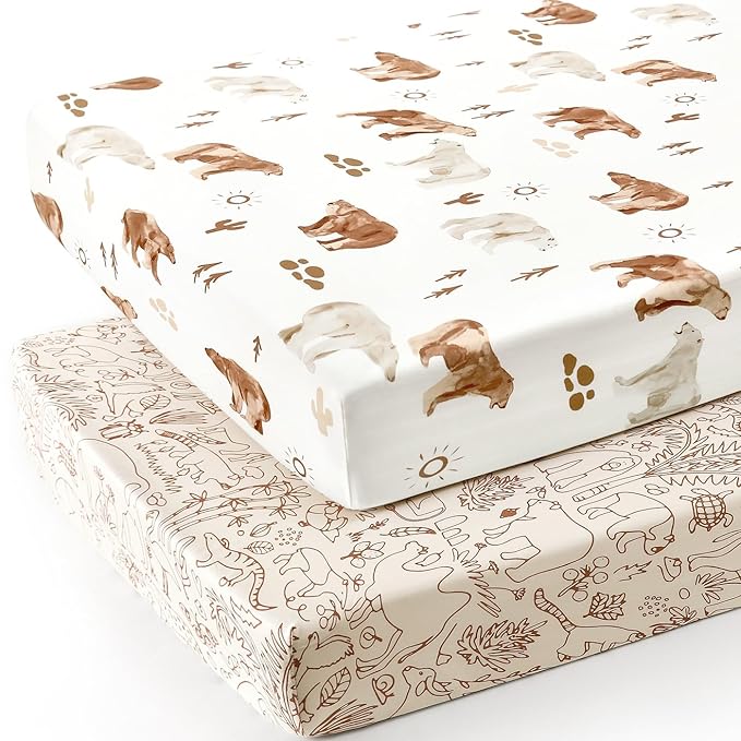 Stretchy Ultra Soft Jersey Knit Fitted Crib Sheets Set 2 Pack，Universal Fit All Standard Crib Mattress Pads Safe and Snug, Crib Fitted Sheet for Boys and Girls, Cute Animals Print