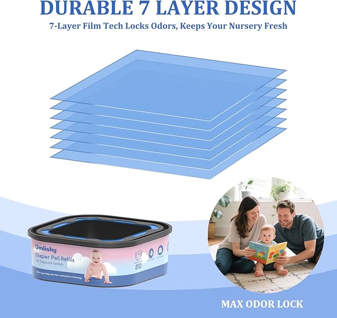 Jumbo Square Bags Refill Compatible with Diaper Genie Compact, Select Pails (Not Fit Classic), Max Odor Control, Disposal Bag Refills with Continuous Film, Holds Up to 810 Newborn Diapers, 4 Pack