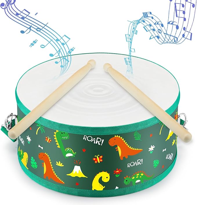 Boao 1 PC Kids Drum Set, 8 Inch Toddler Drum Wooden Toy with Adjustable Strap and 2 Drumsticks, Educational Sensory Musical Instrument for Toddlers Kid Baby Boys Girls Gift(Dinosaur)