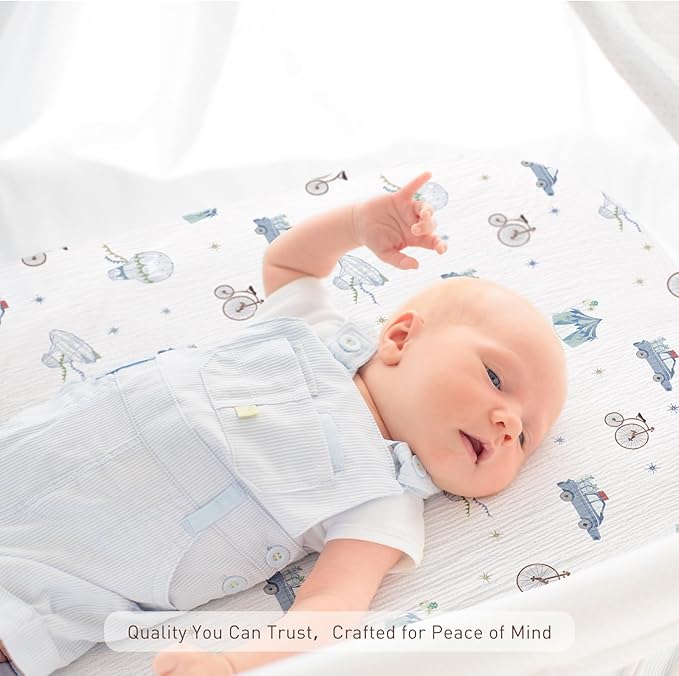 Muslin Bassinet Fitted Sheets, 2 Pack for Baby Boy and Girl, Soft Breathable Baby Pad/Mattress Sheet, Fit for Hourglass Oval and Rectangle Bassinet Mattress (Cute Cars)