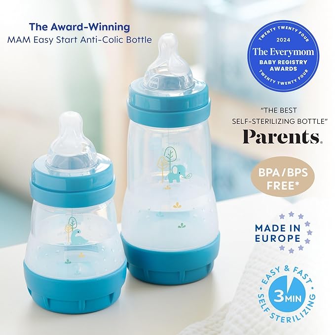 MAM Easy Start Anti-Colic Baby Bottle 5 oz, Slow Flow, Breastfeeding-Like Silicone Nipple Bottle, Reduces Colic, Gas, & Reflux, Easy-to-Clean, BPA-Free, Vented Baby Bottles for Newborns, 0-3 Months