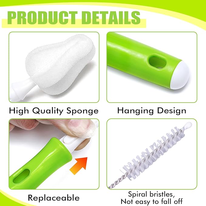 INVODA Nipple Brush 4PCS Sponge Bottle Brushes with 4 PCS Straw Brush Baby Bottle Nipple Cleaner Brush Long Handle Detachable Nipple Brushes (White)
