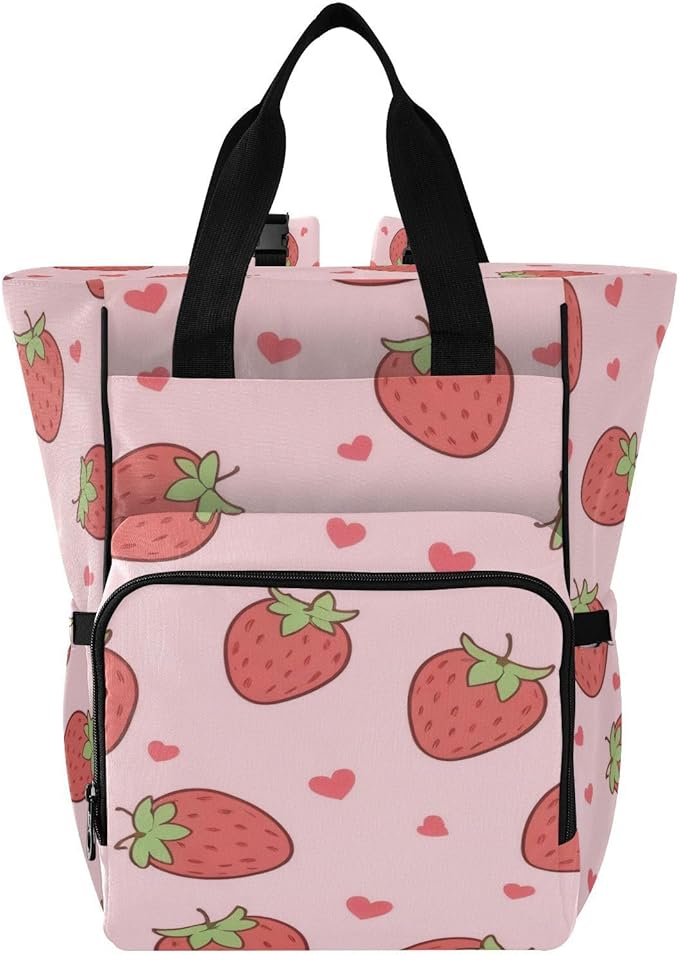 Cute Pink Strawberry Diaper Bag Backpack, Unisex Travel Baby Backpack Diaper Bags with Stroller Straps & Pacifier Case, Large Capacity Waterproof Diaper Backpack