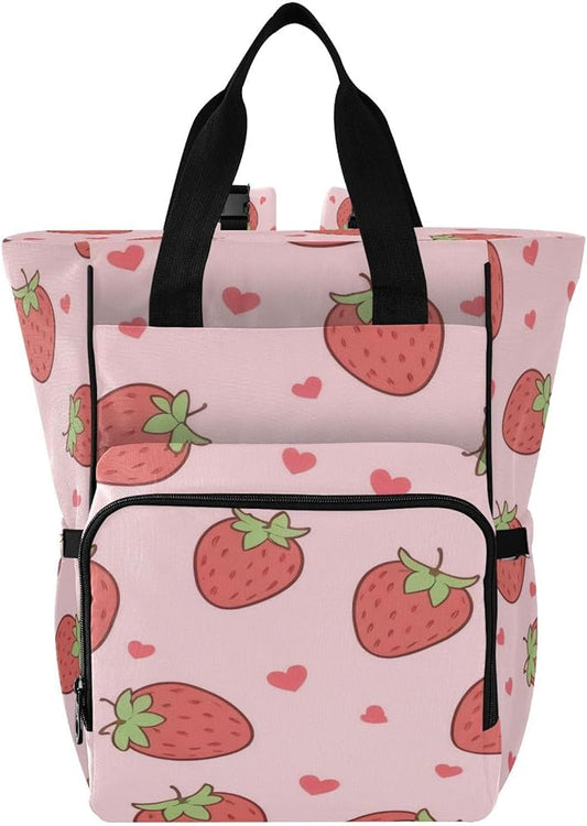Cute Pink Strawberry Diaper Bag Backpack, Unisex Travel Baby Backpack Diaper Bags with Stroller Straps & Pacifier Case, Large Capacity Waterproof Diaper Backpack