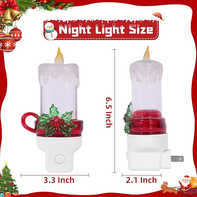 Christmas Candle Night Light Plug into Wall Swirling Glitter USB Portable Christmas Decorative Night Light Decoration for Kids Adults Bedroom Kitchen Living Room Holiday Decor (Candle)