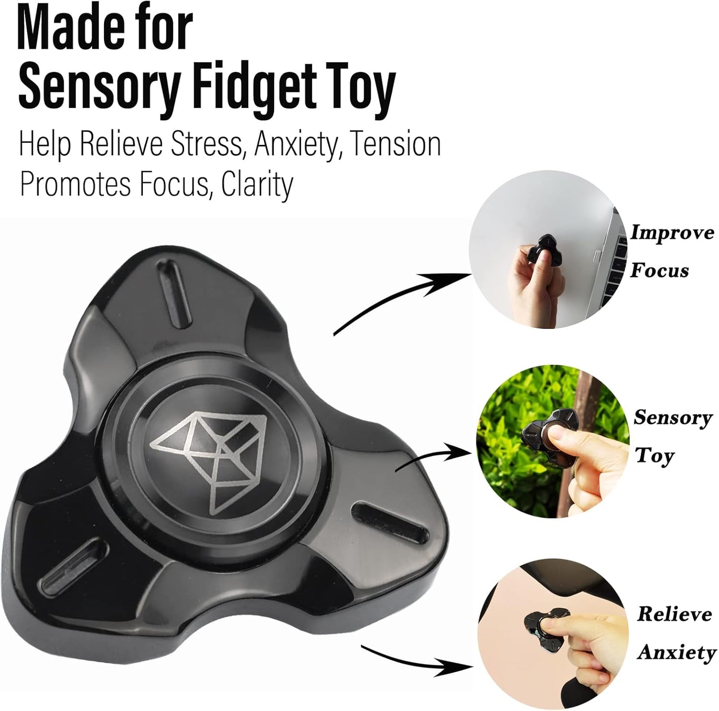 FREELOVE Metal Fidget Spinner, Stainless Steel Heavy, Long Spinning Toys, Cool Silent, Small Mini 2nd Fox Figette Spiner for Adults Men Anxiety, Quiet Bearing, Black