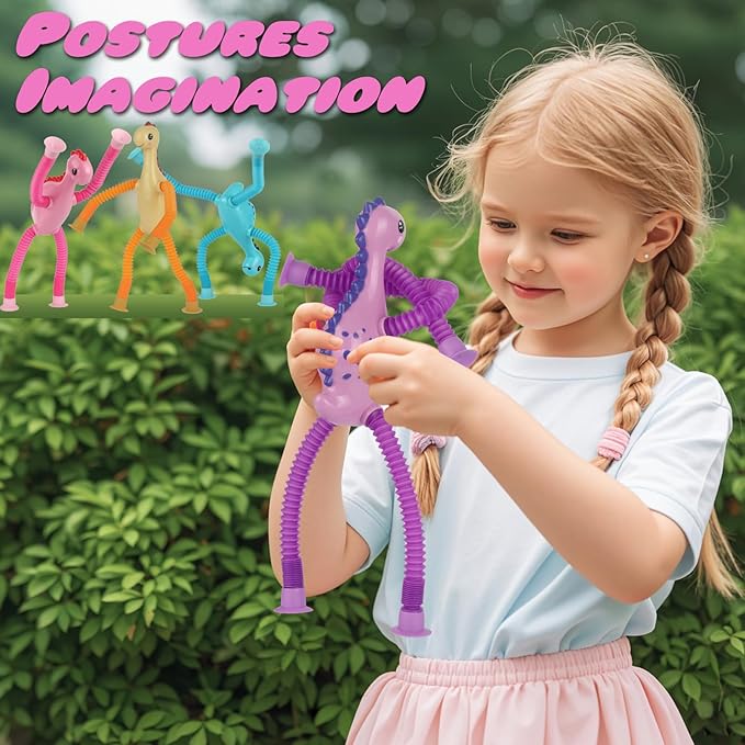 4 Pcs Telescopic Suction Cup Toy, Pop Tubes Sensory Toys for Toddlers, Educational Fidget Toys Dinos Party Favors for Anxiety Kids Basket Stocking Stuffer for 3-9 Year Old Boy Girl