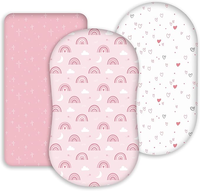 Bassinet Sheets for Baby Girl 32 * 16, 3 Pack Soft Breathable Baby Bassinet Mattress Sheets Fit for Hourglass Oval Cradle, Moses Basket Rectangle Mattress (Rainbow, Pink)