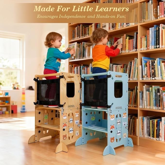 Toddler Kitchen Stool Helper, CPC Certified Foldable Toddler Tower, Learning Wooden Tower with Support Feet and Chalkboard, Anti-Drop Structure, Safe Design for Kids, Blue