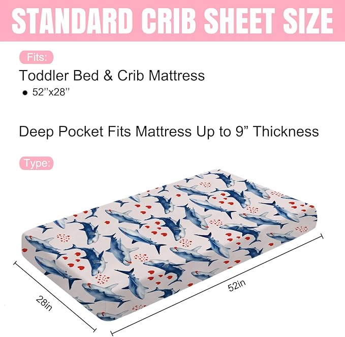 Sea Shark Love Baby Crib Sheets 52''x28'' Ocean Animals Hearts Fitted Crib Mattress Cover for Boy Girl Nursery Baby Bed Sheets for Standard Crib and Toddler Mattresses