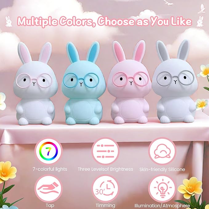 Bunny Night Light, Rabbit Lamp for Kids, Rechargeable LED Nightlight for Easter Gift,Silicone Bedside Lamp with Touch Color Changing,3 Levels Dimmable/Timmer Nursery Bedroom Light,Room Decor