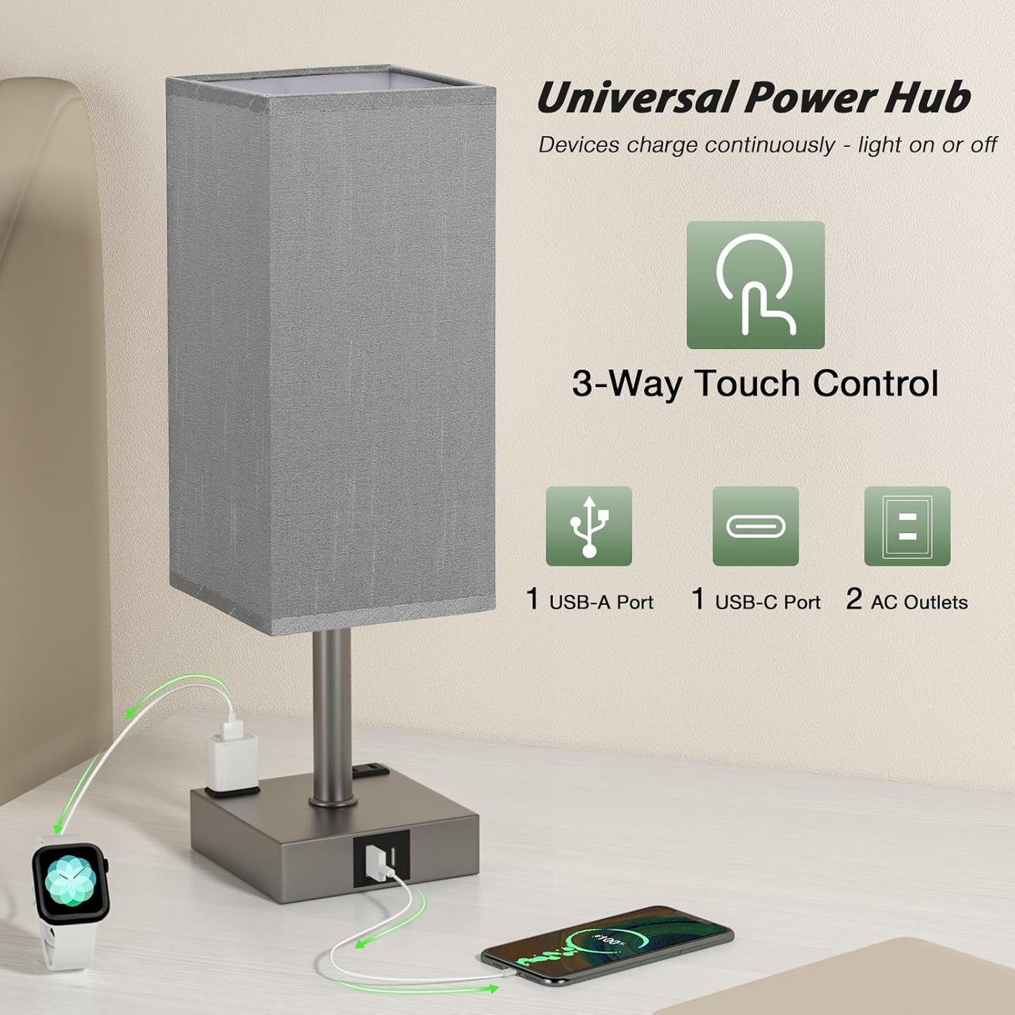 Dark Grey Touch Lamps Set of 2 - Nightstand Lamp with USB-C + A Charge Ports & AC Outlets, 3-Way Dimmable Bedside Lamp, Small Table Lamp Light for Bedroom (Bulb Included)