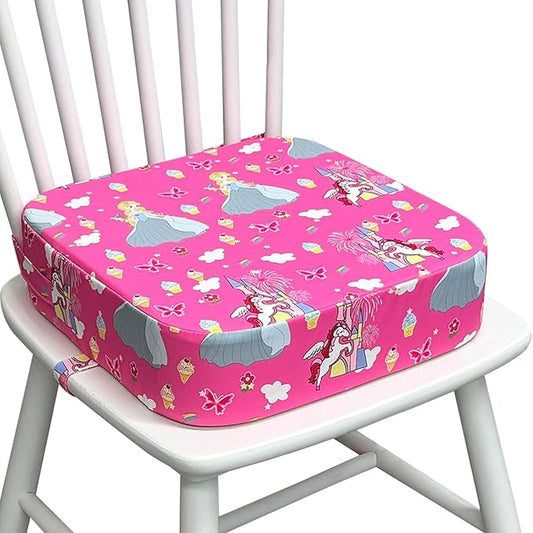 Toddler Booster Seat for Kitchen Chair, 3.5" Oxford Foam Cushion, Non-Slip Base, Adjustable Straps, Portable Dining Booster for Self-Feeding Toddlers at Home or on The Go (Pink Castle)
